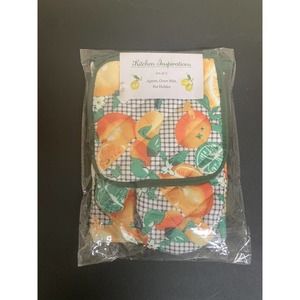 Vintage Style Kitchen Inspiration Citrus Apron Potholder Oven Mitt Set Of 3 NWT